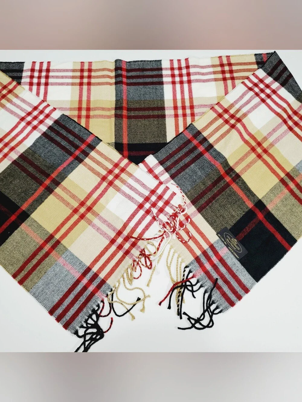 Unisex Cashmere Scarf Red & Gray Plaid Pattern Woven in Germany